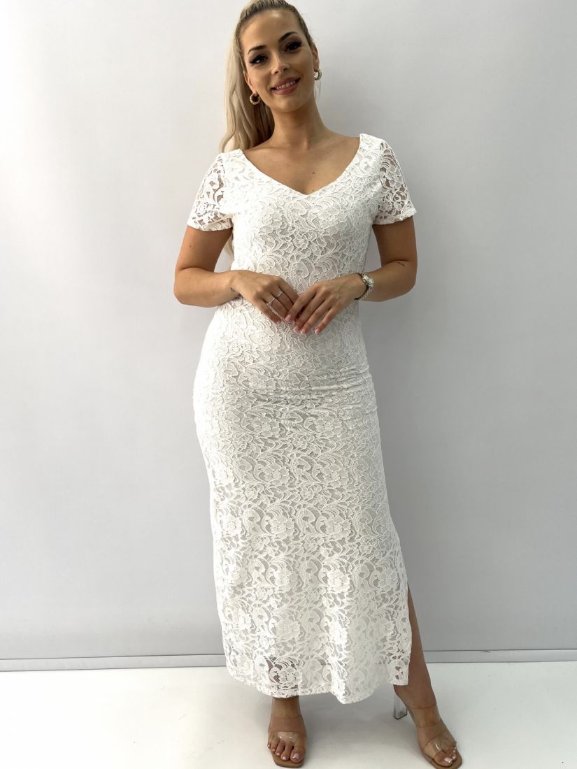 Φόρεμα μακρύ δαντέλα με σκίσιμο στο πλάι Ελληνικής ραφής λευκό