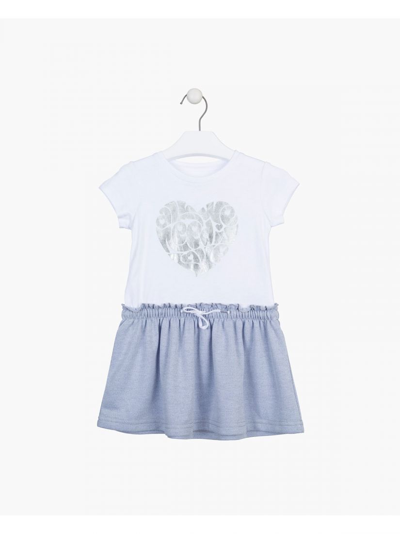 Φόρεμα βαμβακερό με φούστα με βολάν και silver heart print γαλάζιο