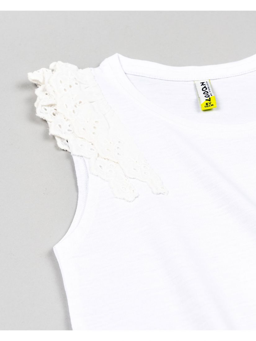 Μπλούζα βαμβακερή μονόχρωμη με βολάν και κέντημα στα μανίκια λευκό