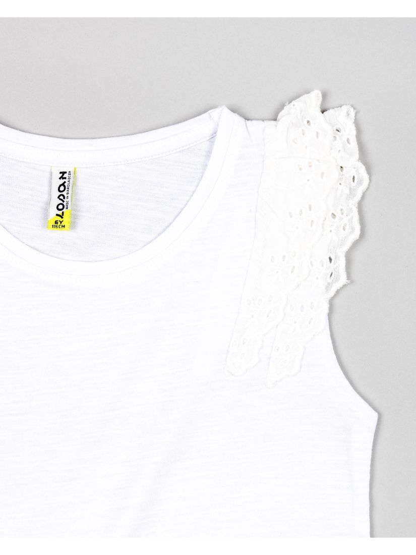 Μπλούζα βαμβακερή μονόχρωμη με βολάν και κέντημα στα μανίκια λευκό