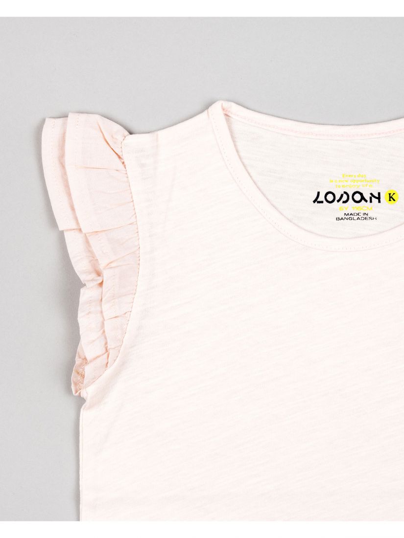 Μπλούζα βαμβακερή μονόχρωμη με βολάν στα μανίκια σομόν