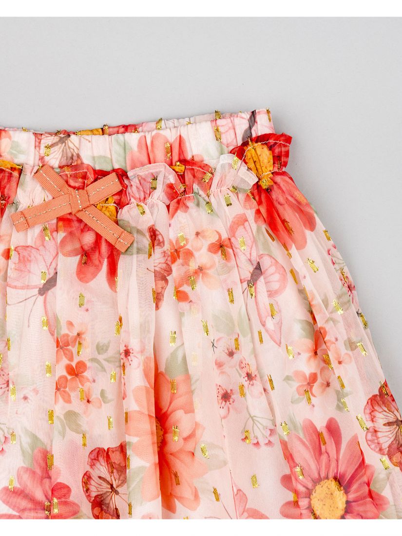 Φούστα τούλινι με βαμβακερή φόδρα print butterflies και φιόγκο ροζ