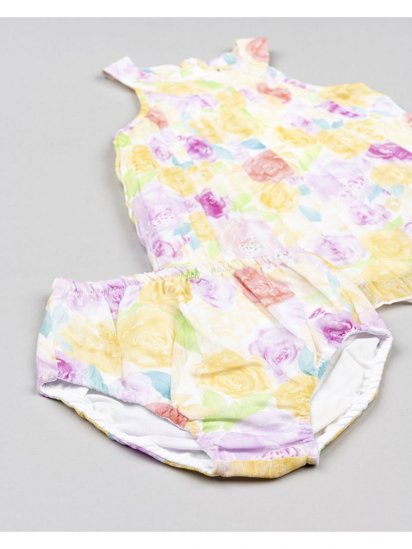 Φόρεμα φλοράλ ζορζέτα με πιέτες και βρακάκι φιγούρας κίτρινο