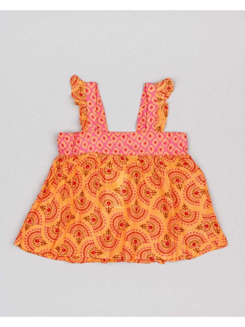 Τοπ φλάμα με βολάν στις τιράντες και print λουλούδια κοραλί