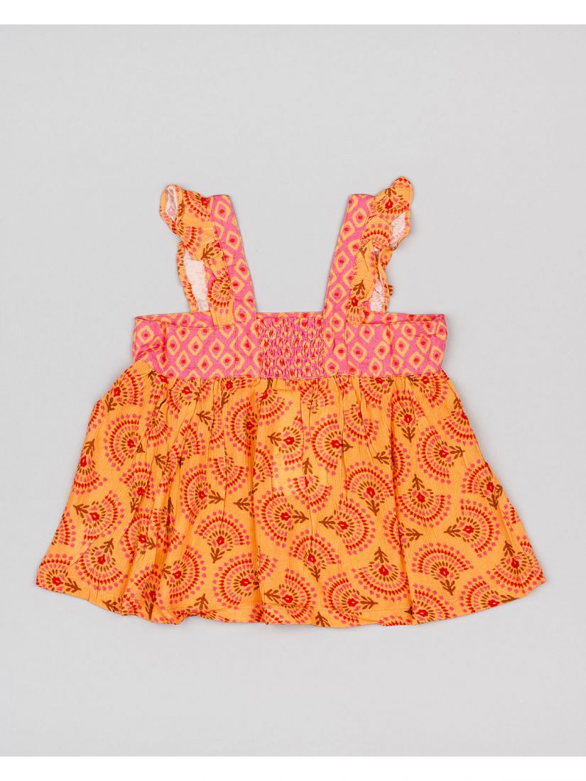 Τοπ φλάμα με βολάν στις τιράντες και print λουλούδια κοραλί