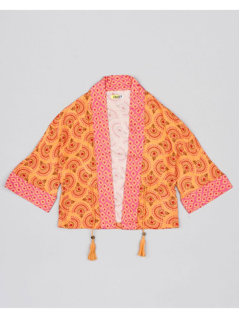 Κιμονό εμπριμέ φλάμα με ζώνη και print γεωμετρικά σχέδια κοραλί