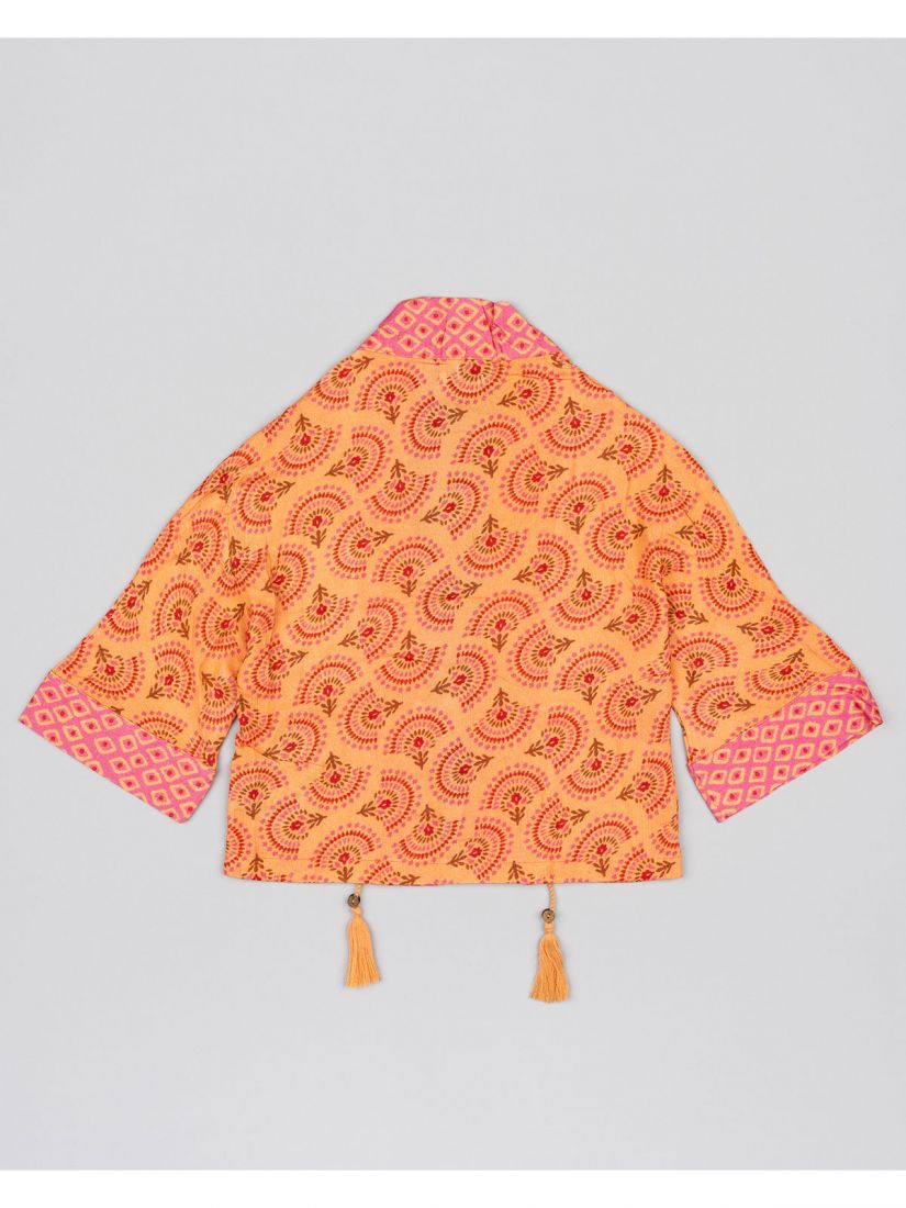 Κιμονό εμπριμέ φλάμα με ζώνη και print γεωμετρικά σχέδια κοραλί