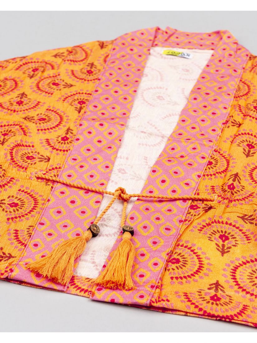 Κιμονό εμπριμέ φλάμα με ζώνη και print γεωμετρικά σχέδια κοραλί