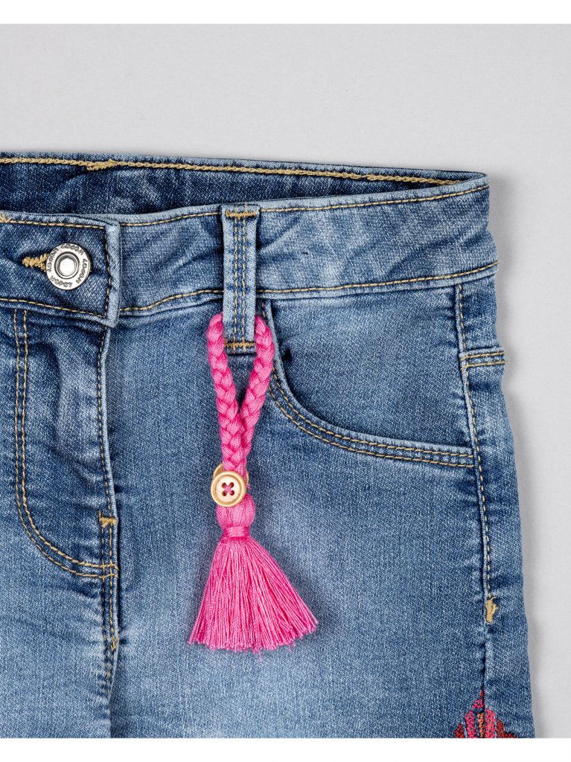 Σορτς τζιν βαμβακερό με ethnic print  και πλεκτή ροζ φούντα μπλε