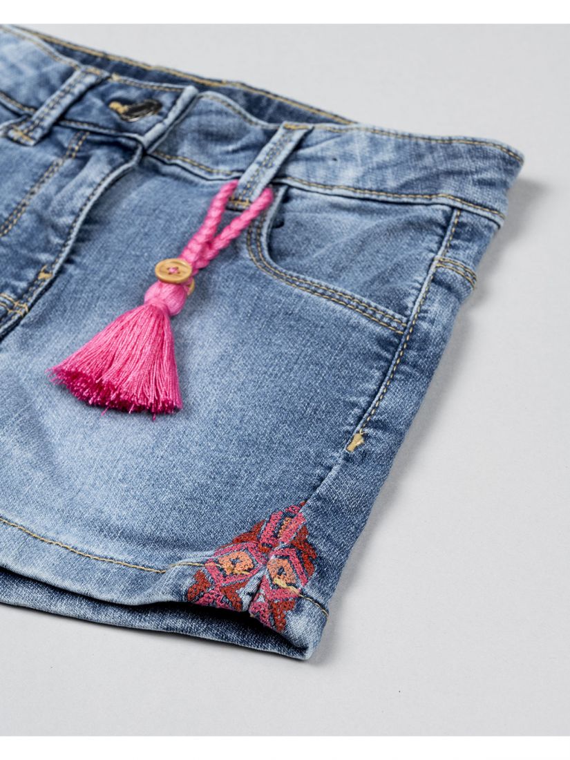 Σορτς τζιν βαμβακερό με ethnic print  και πλεκτή ροζ φούντα μπλε