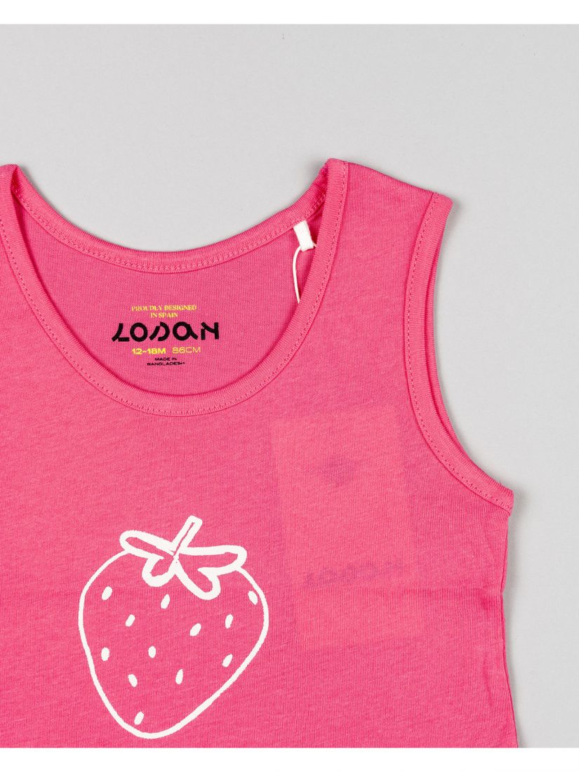 Μπλούζα βαμβακερή αμάνικη με print strawberry milk shake φούξια