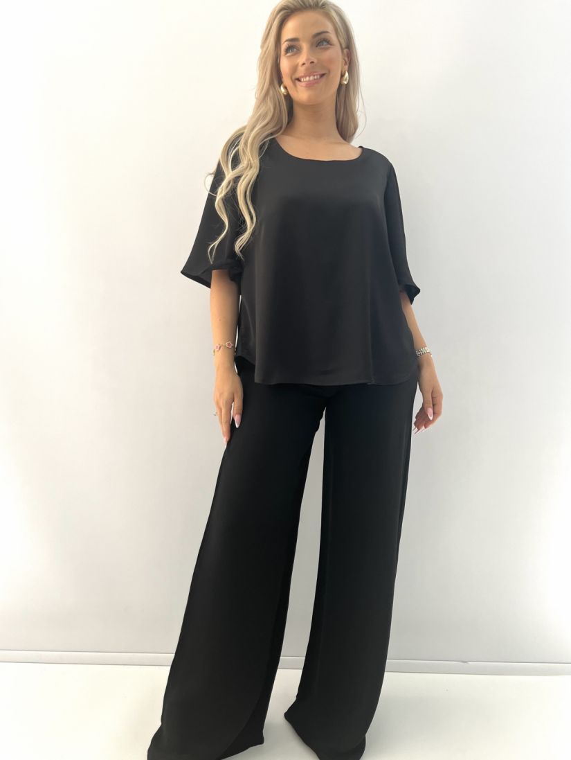 Μπλούζα μονόχρωμη σατέν γκοφρέ με ντραπέ άνοιγμα στην πλάτη Ελληνικής ραφής μαύρο