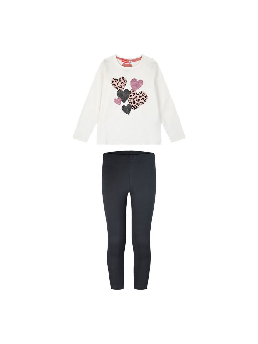 Σετ βαμβακερό μπλούζα με κολάν και print glitter hearts λευκό