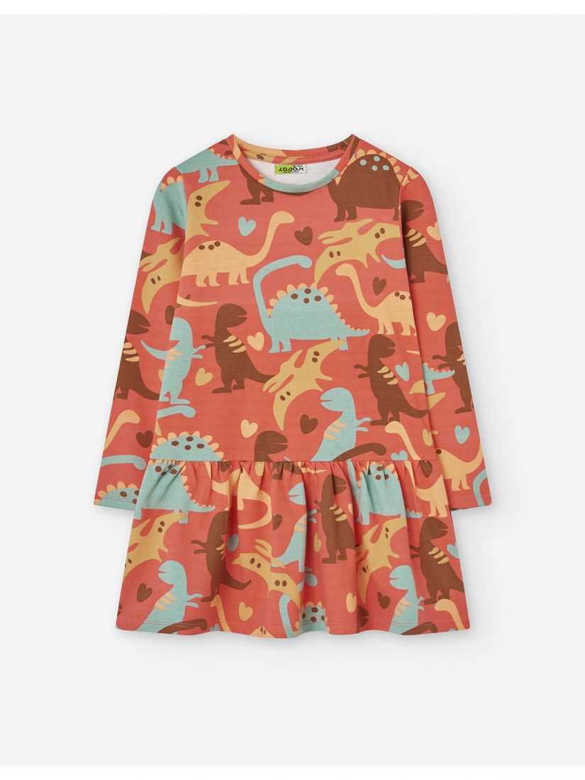 Φόρεμα φούτερ με print love dinosaurs και βολάν κοραλί