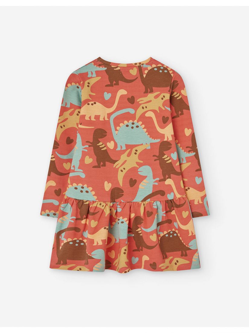 Φόρεμα φούτερ με print love dinosaurs και βολάν κοραλί
