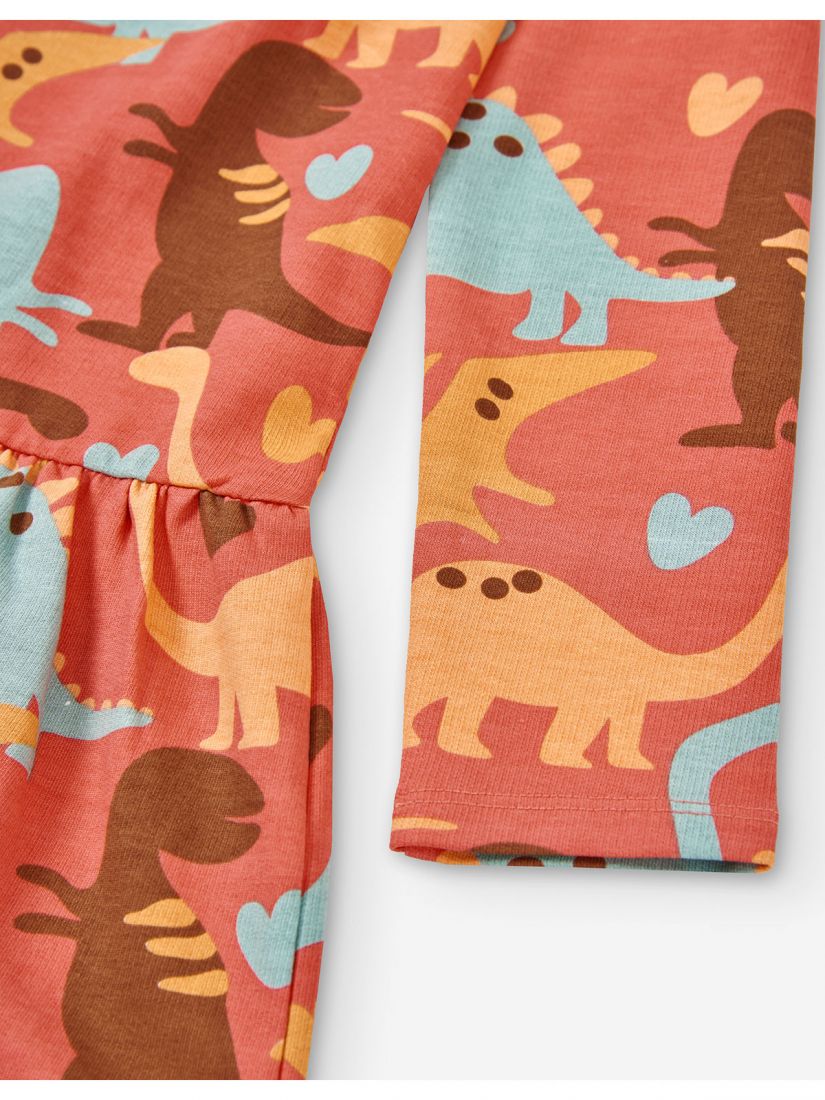 Φόρεμα φούτερ με print love dinosaurs και βολάν κοραλί