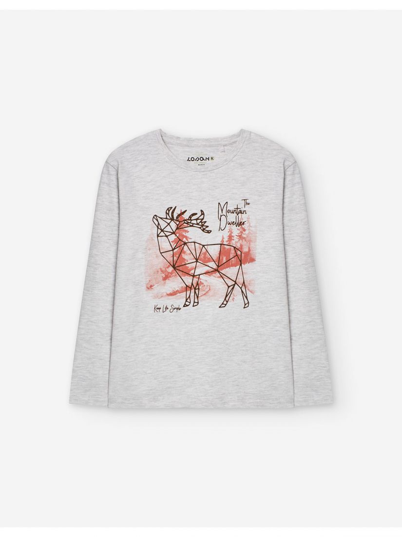 Μπλούζα μακρυμάνικη με ανάγλυφο print ελάφι μπεζ