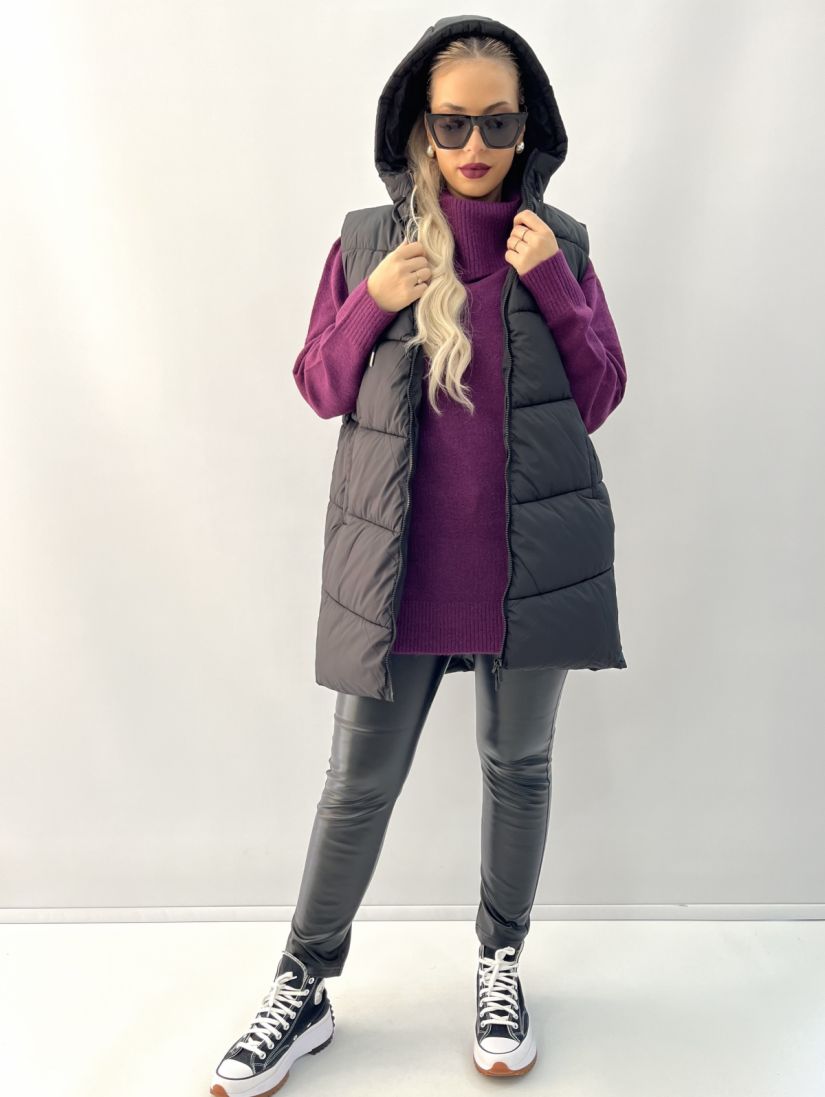 Μπουφάν γιλέκο μακρύ με κουκούλα μονόχρωμο μαύρο