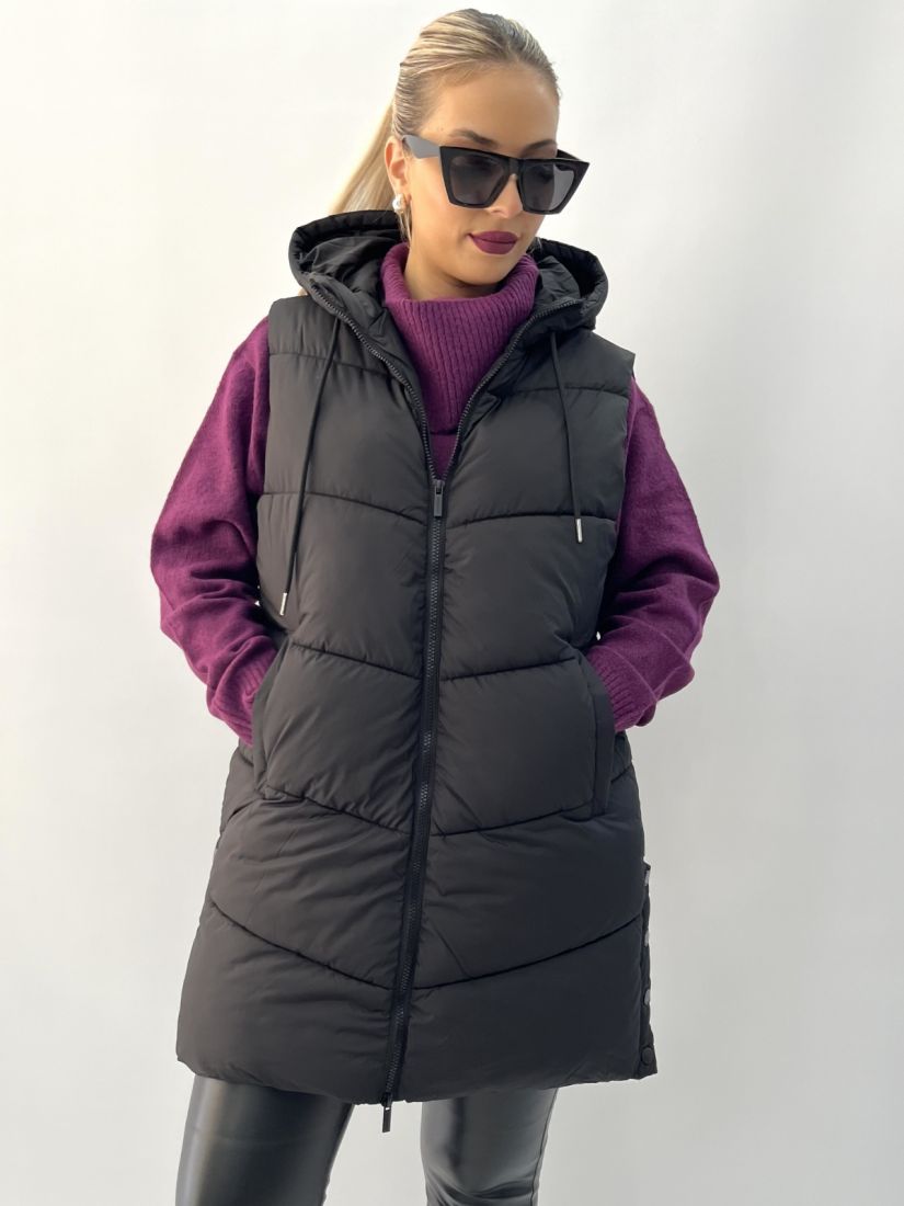 Μπουφάν γιλέκο μακρύ με κουκούλα μονόχρωμο μαύρο