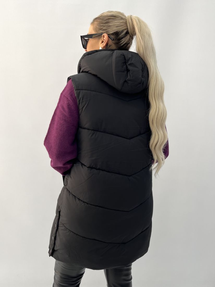 Μπουφάν γιλέκο μακρύ με κουκούλα μονόχρωμο μαύρο