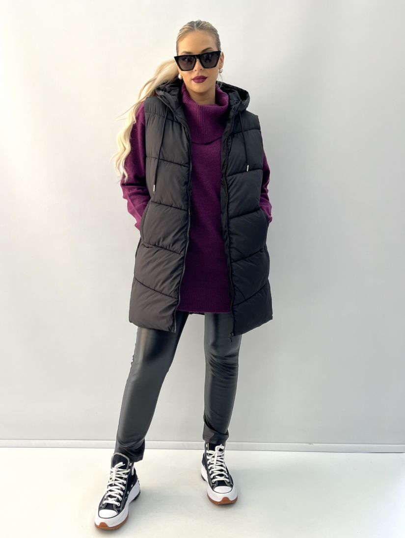 Μπουφάν γιλέκο μακρύ με κουκούλα μονόχρωμο μαύρο