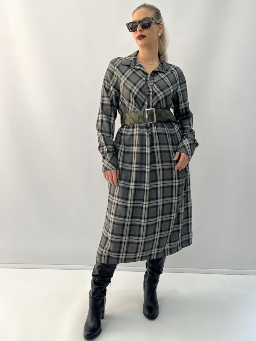 Φόρεμα μίντι καρό με γιακά και κουμπιά χακί