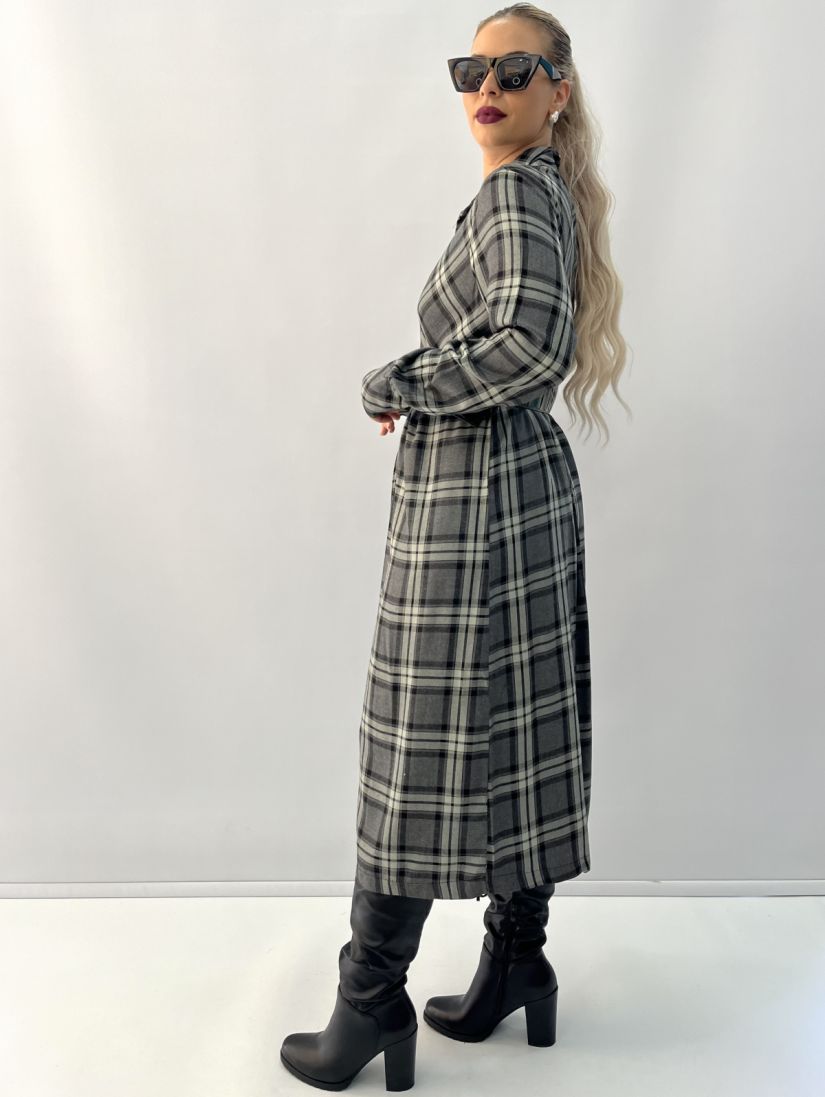 Φόρεμα μίντι καρό με γιακά και κουμπιά χακί