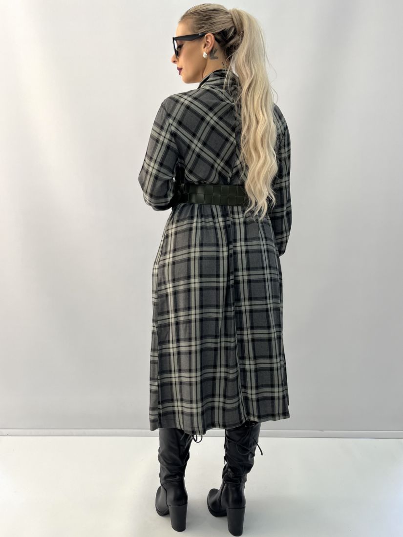 Φόρεμα μίντι καρό με γιακά και κουμπιά χακί