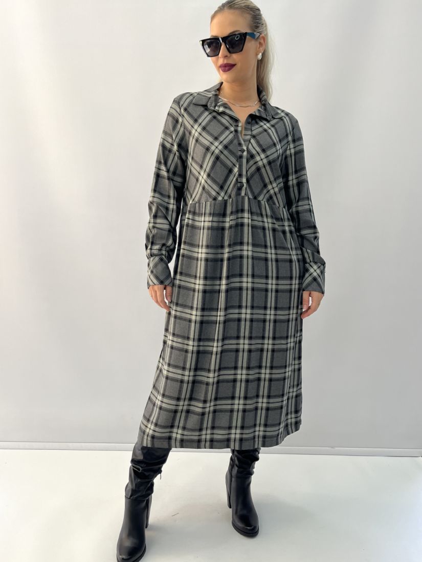 Φόρεμα μίντι καρό με γιακά και κουμπιά χακί