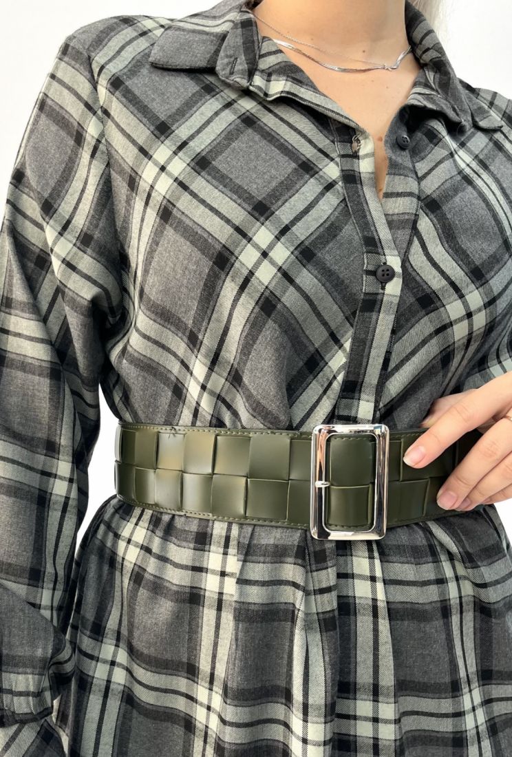 Φόρεμα μίντι καρό με γιακά και κουμπιά χακί