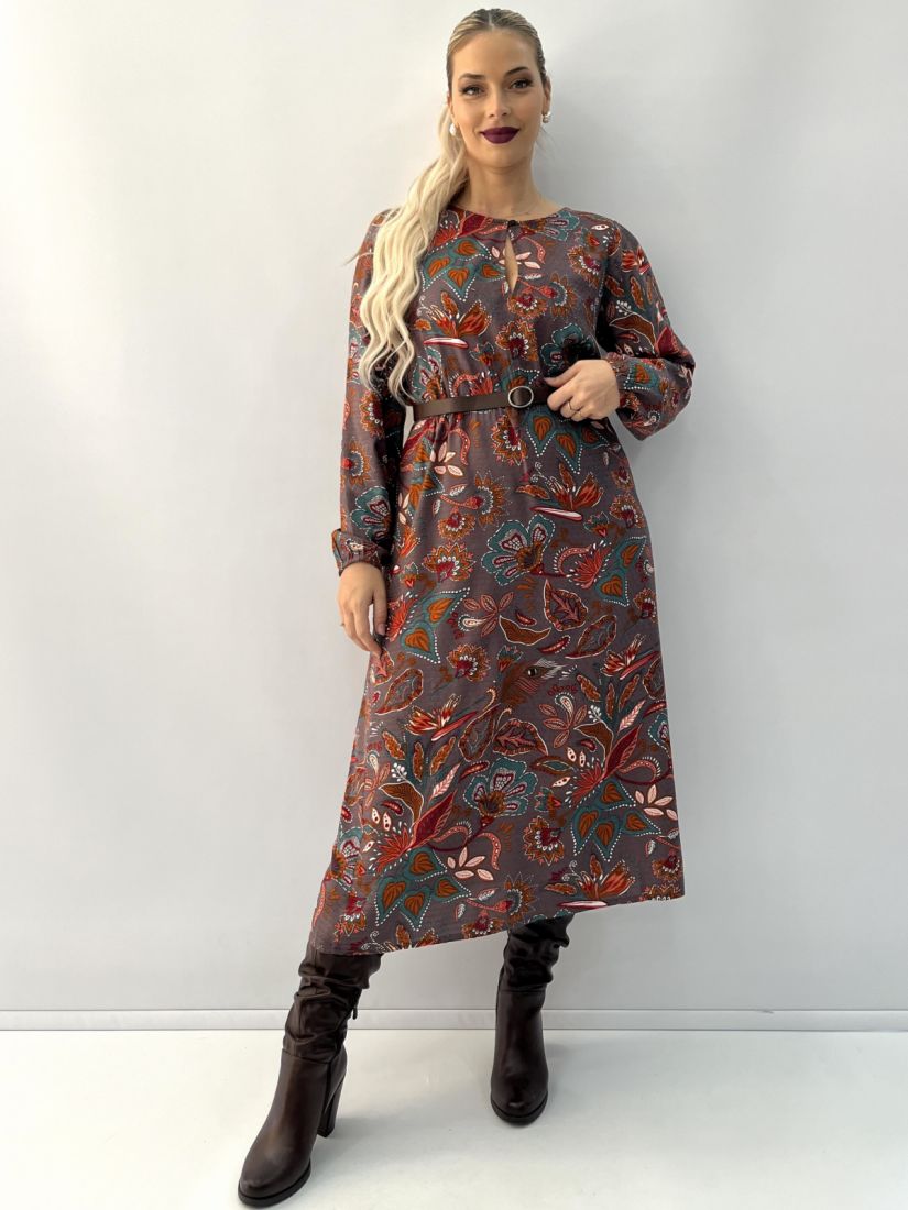 Φόρεμα μίντι εμπριμέ με λάστιχο στη μέση και άνοιγμα με κουμπί εκάι