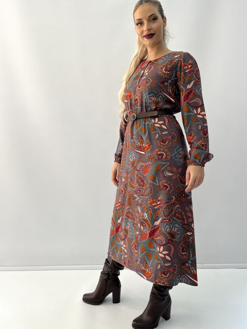 Φόρεμα μίντι εμπριμέ με λάστιχο στη μέση και άνοιγμα με κουμπί εκάι