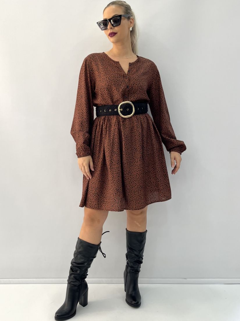 Φόρεμα κοντό πουά με κουμπιά και σούρα στη μέση καφέ