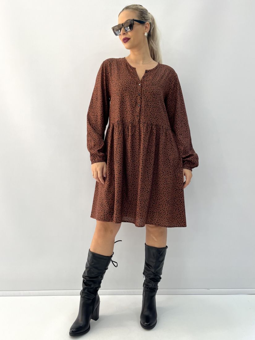 Φόρεμα κοντό πουά με κουμπιά και σούρα στη μέση καφέ