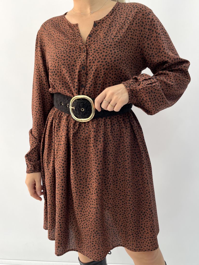 Φόρεμα κοντό πουά με κουμπιά και σούρα στη μέση καφέ