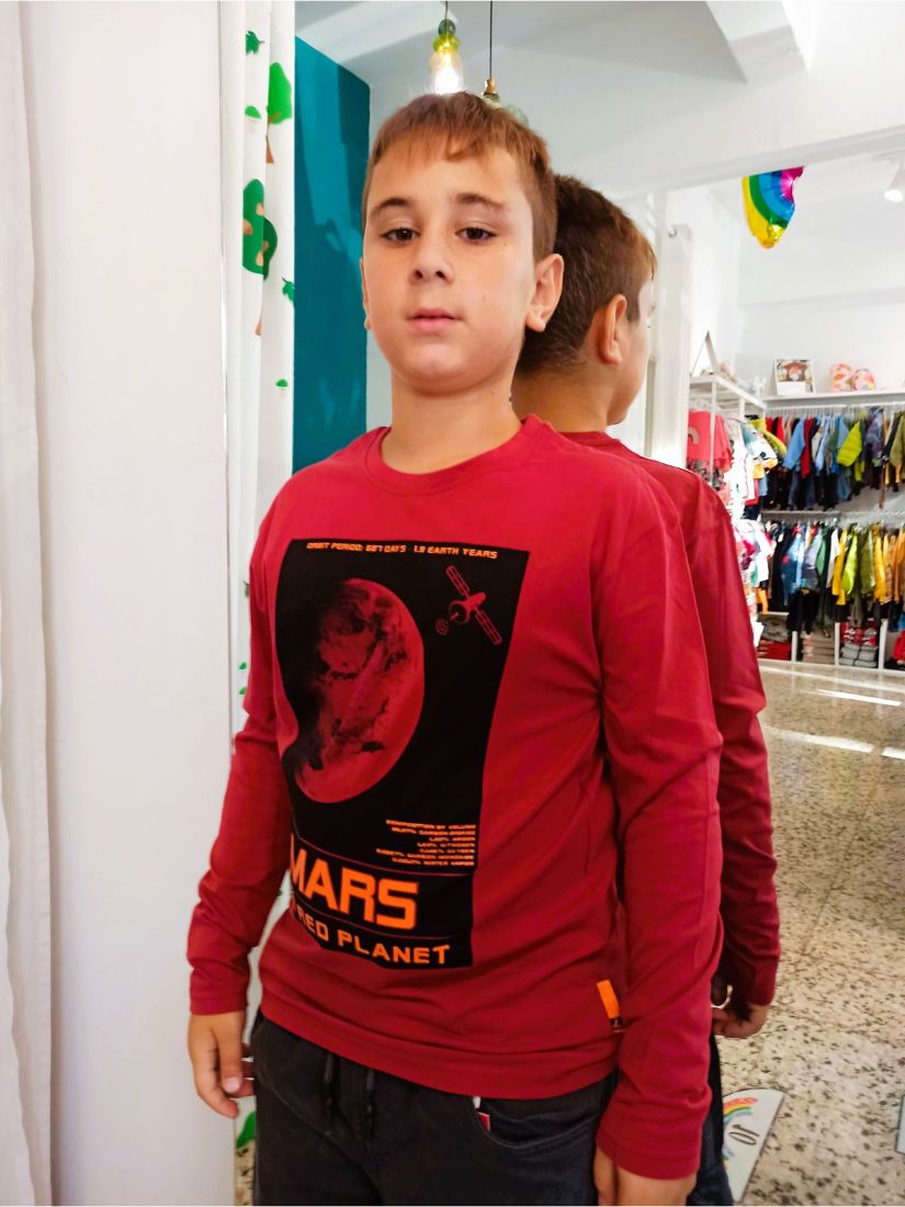 Μπλούζα μονόχρωμη με print Mars the red planet μπορντώ