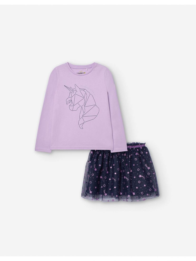 Σετ βαμβακερό τοπ με print unicorn και τούλινι φούστα με αστέρια με glitter λιλά