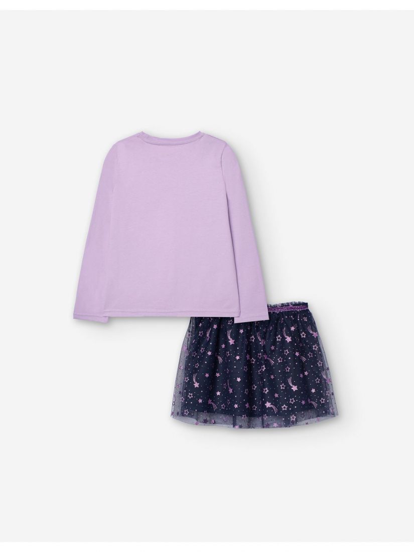 Σετ βαμβακερό τοπ με print unicorn και τούλινι φούστα με αστέρια με glitter λιλά