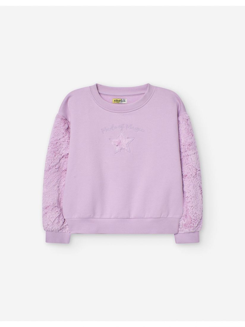 Μπλούζα fleece με γούνινα μανίκια και αστέρι με glitter λιλά