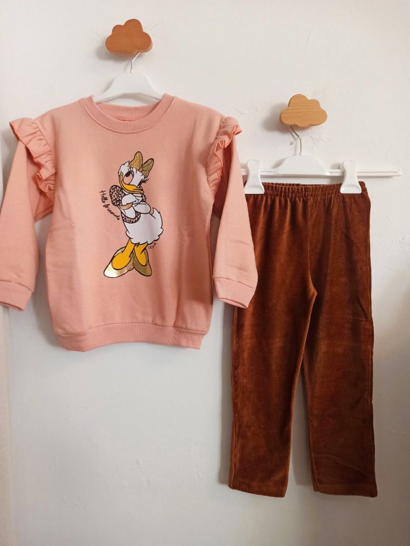 Σετ φόρμα με ζεστή επένδυση print Daisy με κοτλέ παντελονοκολάν ελληνικής ραφής ροζ