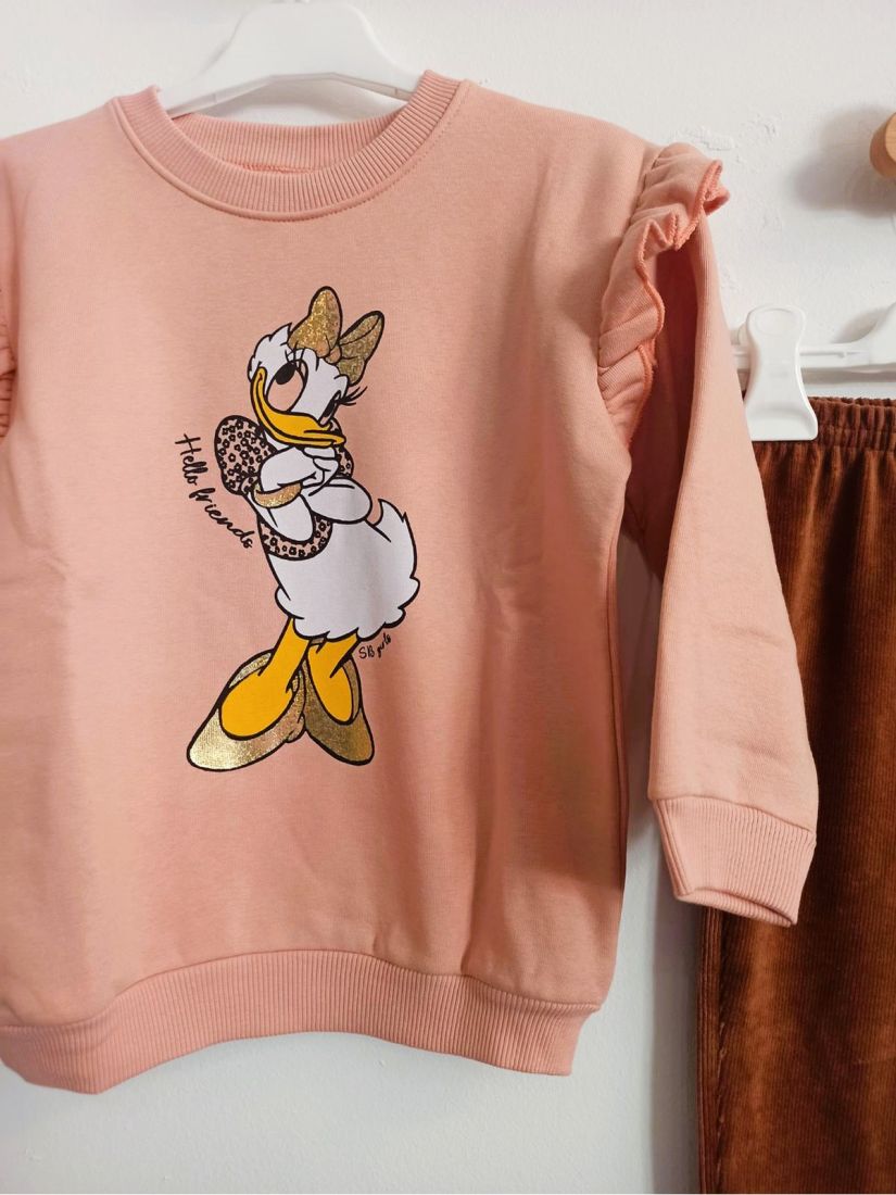 Σετ φόρμα με ζεστή επένδυση print Daisy με κοτλέ παντελονοκολάν ελληνικής ραφής ροζ