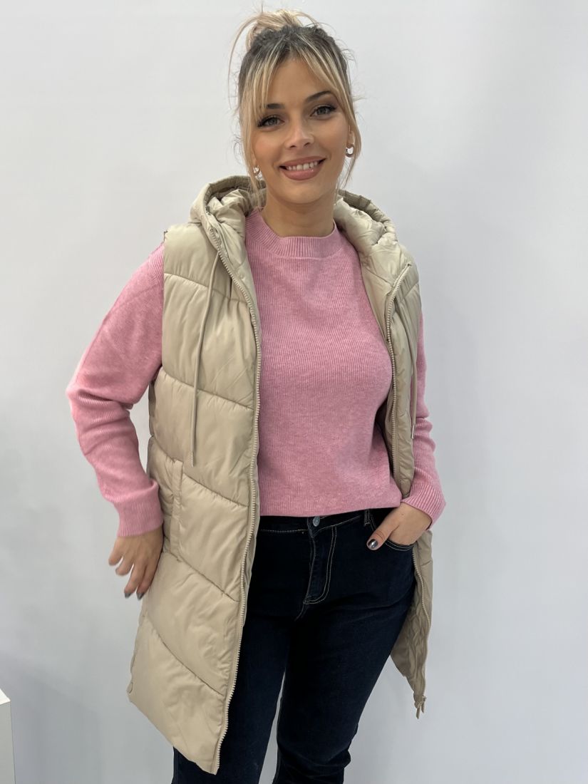 Μπουφάν γιλέκο μακρύ με κουκούλα μονόχρωμο μπεζ