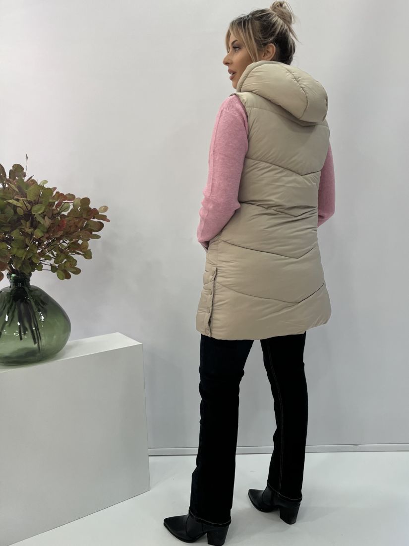 Μπουφάν γιλέκο μακρύ με κουκούλα μονόχρωμο μπεζ