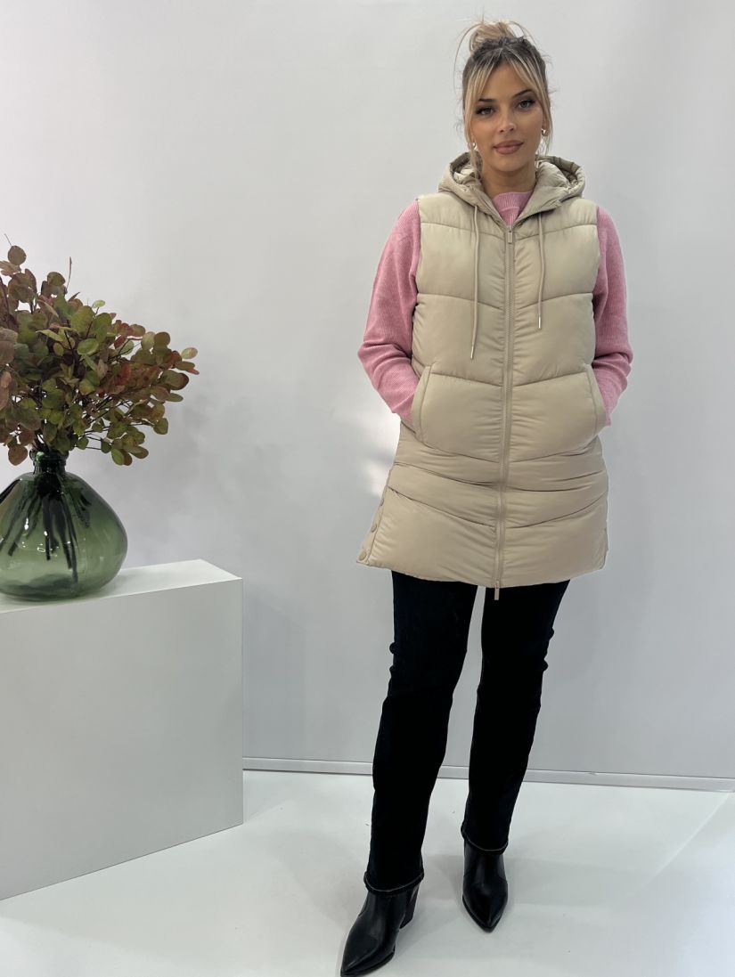 Μπουφάν γιλέκο μακρύ με κουκούλα μονόχρωμο μπεζ