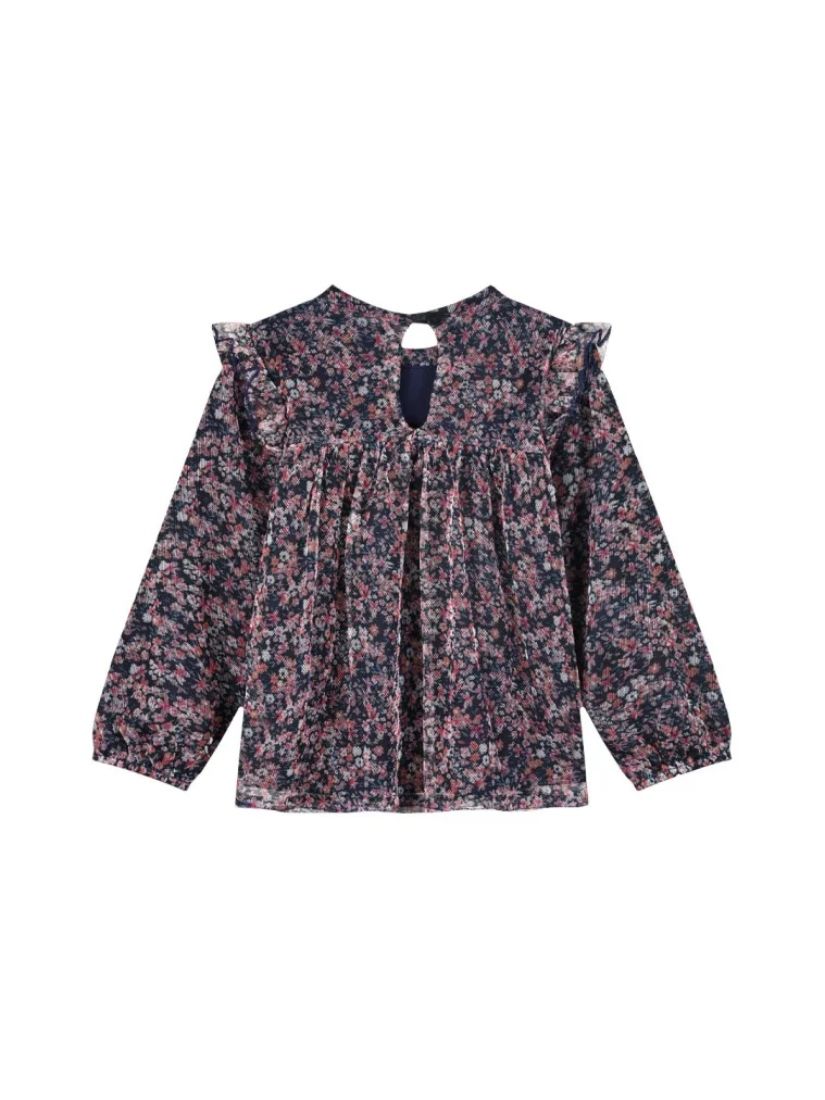 Φλοράλ πουκαμίσα με βολάν και μεταλική λεπτομέρεια ροζ