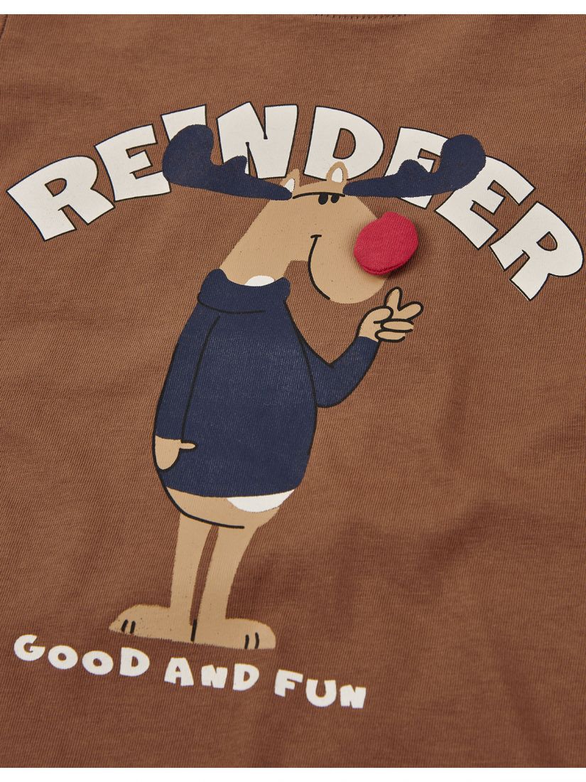 Μπλούζα βαμβακερή με print Rudolph ' Reindeer good and fun' καφέ