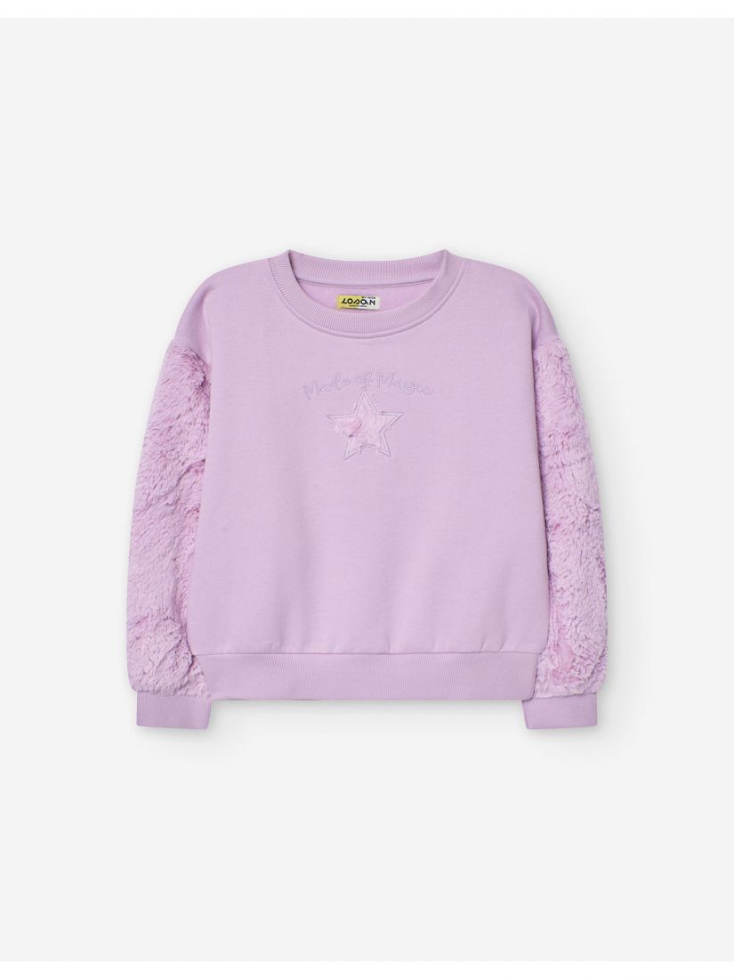 Μπλούζα fleece με γούνινα μανίκια και αστέρι με glitter λιλά
