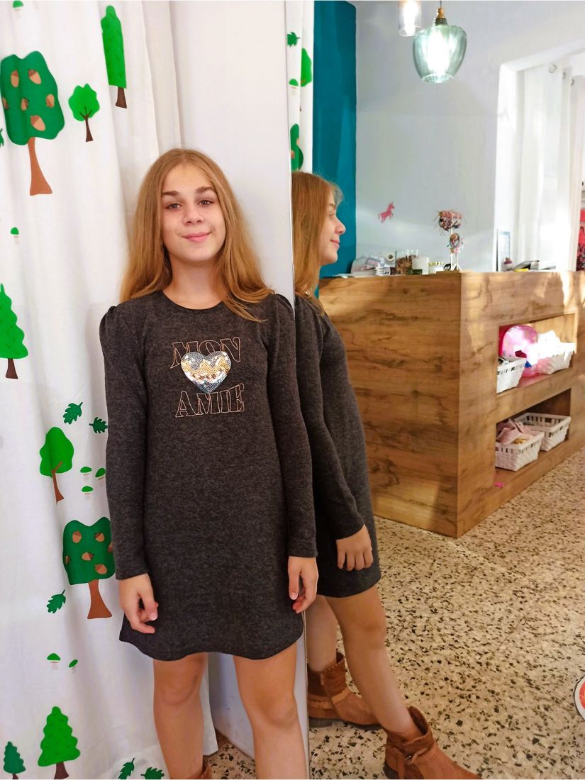Φόρεμα μάλλινο με καρδιά πούλιες και πιέτες στον ώμο ανθρακί