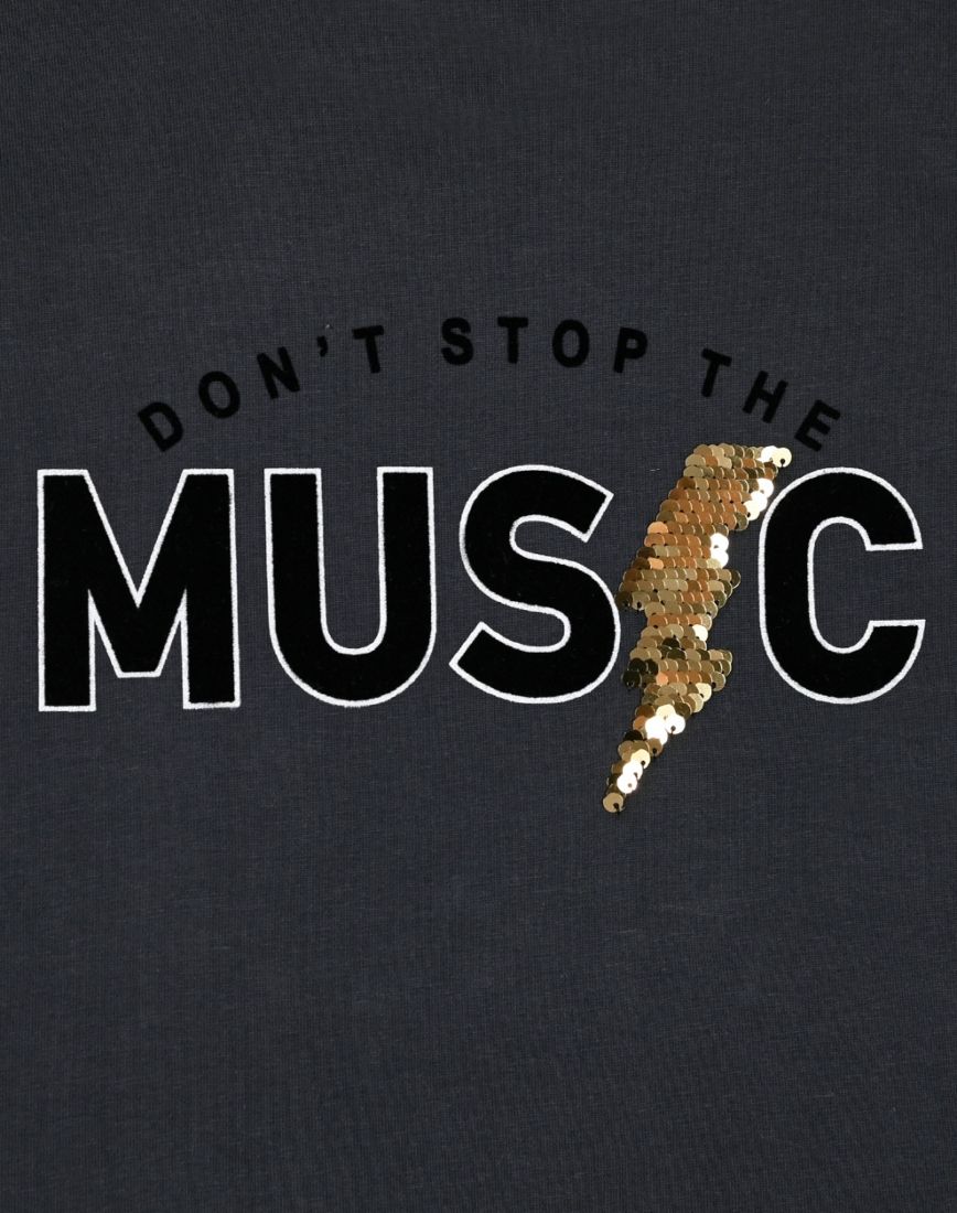 Μπλούζα βαμβακερή μονόχρωμη με print 'don't stop the music' και κεραυνό που αλλάζει χρώμα ανθρακί
