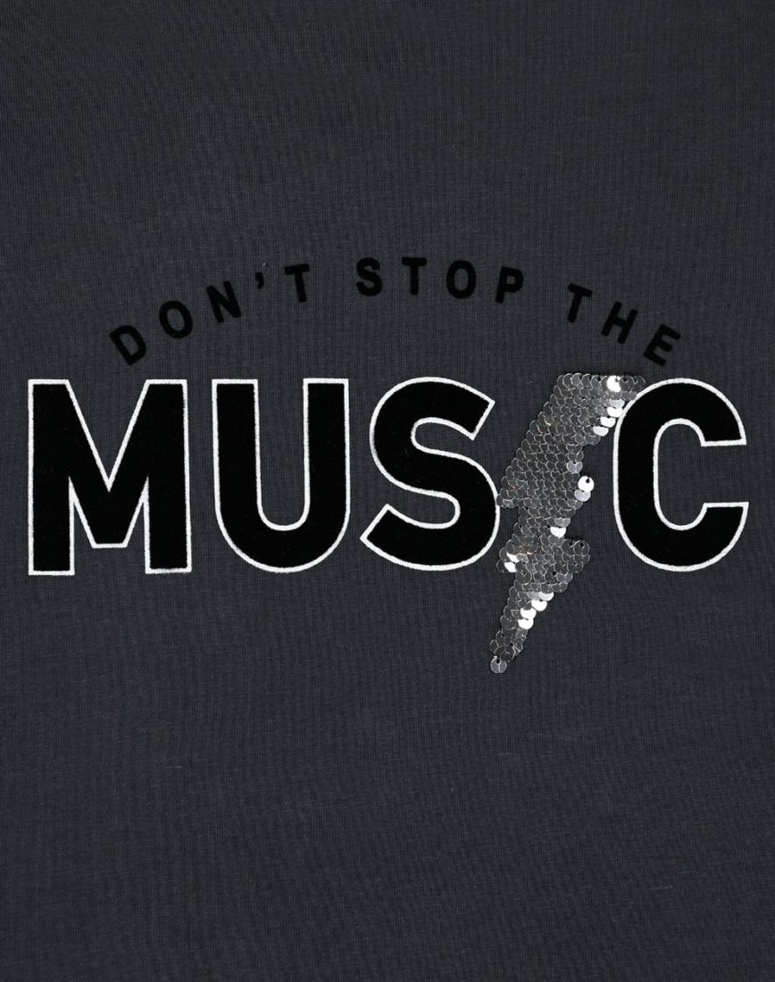Μπλούζα βαμβακερή μονόχρωμη με print 'don't stop the music' και κεραυνό που αλλάζει χρώμα ανθρακί